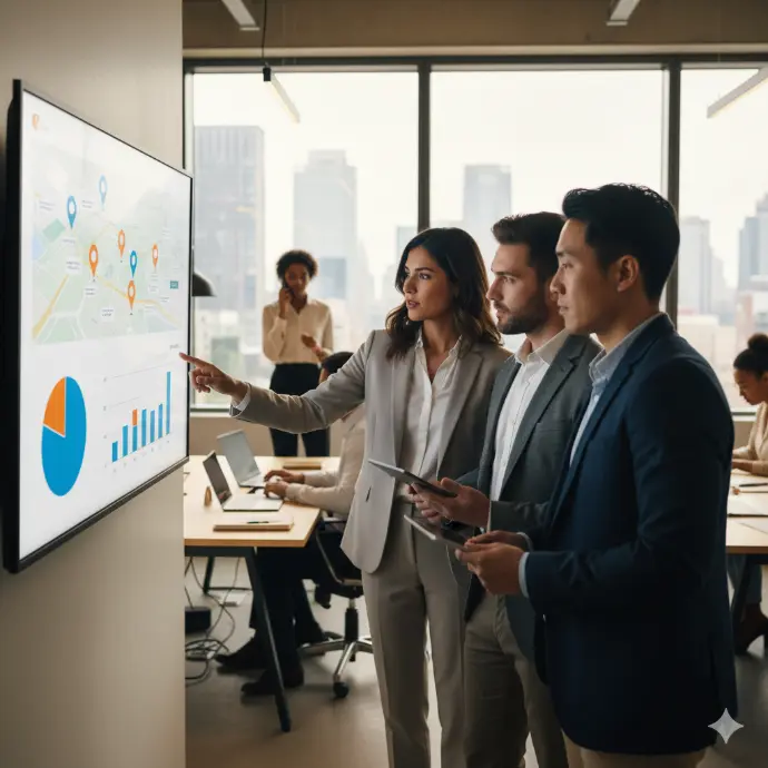 Managers observant les indicateurs de performance terrain et les résultats de la force de vente externalisée sur Taktic.