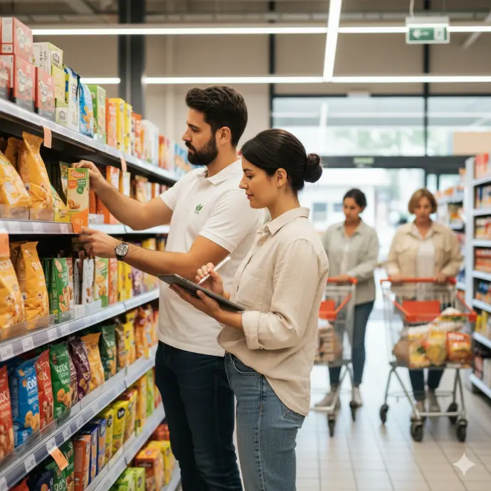 Commerciaux indépendants Taktic en mission terrain dans un magasin à Paris, assurant le merchandising et le reporting digital des ventes.